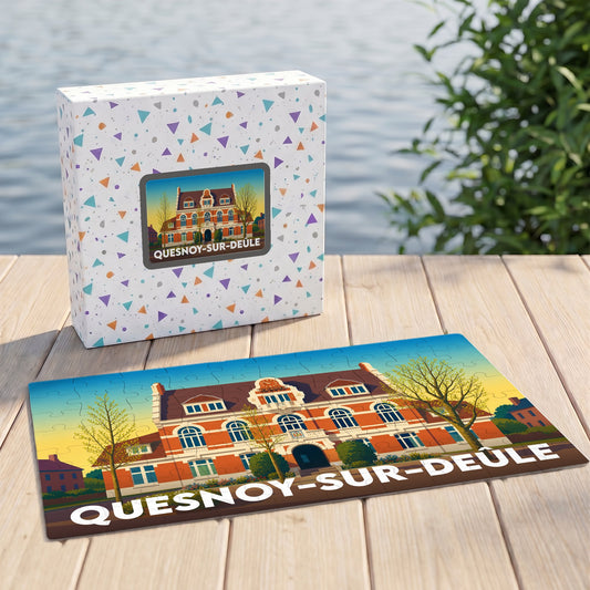 Puzzle souvenir de la ville de Quesnoy-sur-Deûle avec une illustration stylisée de l'hôtel de ville.