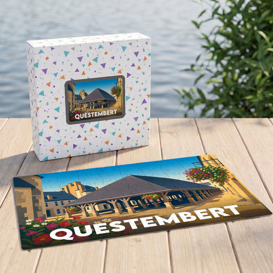 Puzzle souvenir de la ville de Questembert représentant ses halles historiques dans un style illustré.
