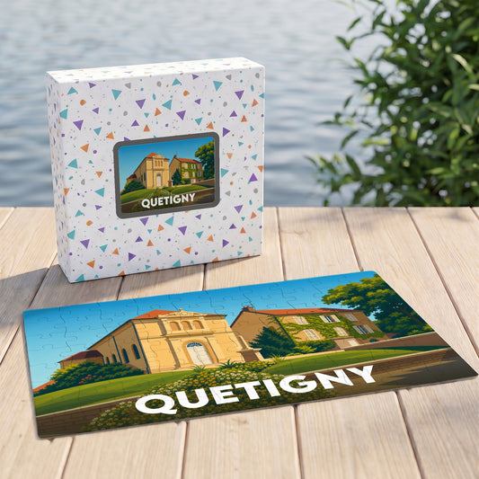 Puzzle souvenir de la ville de Quetigny avec une illustration stylisée d'un bâtiment historique.