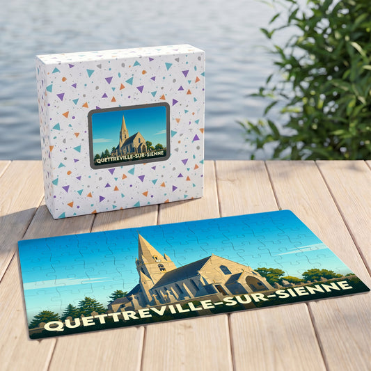 Puzzle souvenir de la ville de Quettreville-sur-Sienne avec une illustration stylisée de son église.