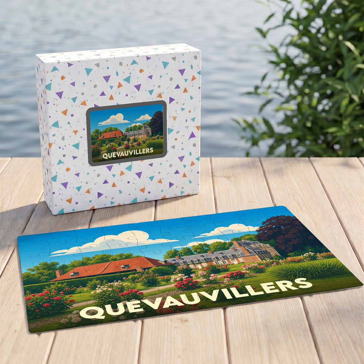 Puzzle souvenir de la ville de Quevauvillers avec une illustration stylisée de son patrimoine.