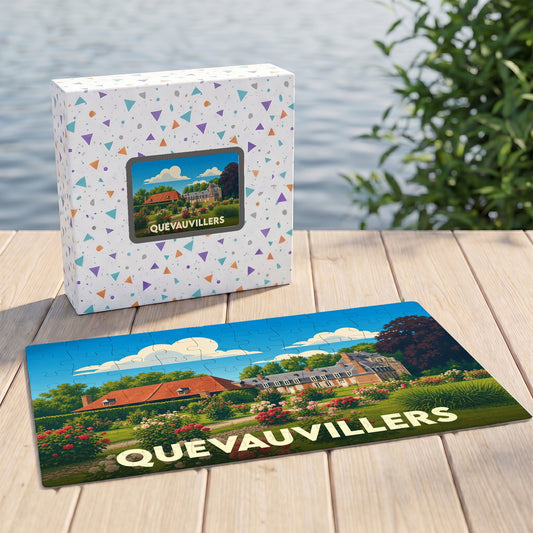 Puzzle souvenir de la ville de Quevauvillers avec une illustration stylisée de son patrimoine.