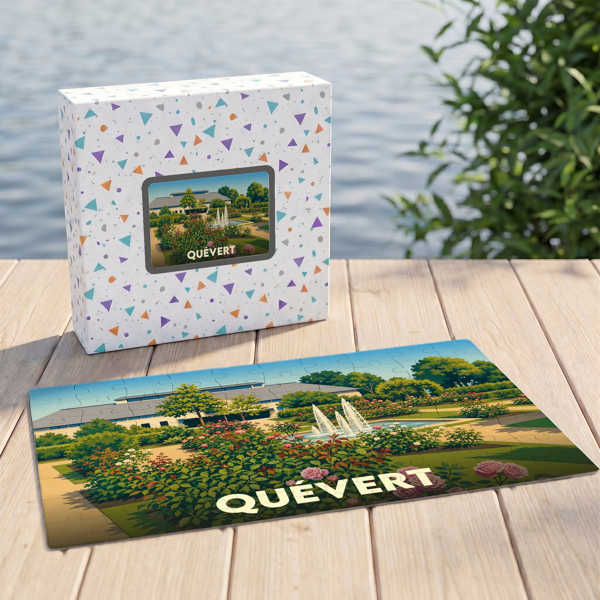 Puzzle souvenir de la ville de Quévert avec une illustration stylisée d'un parc fleuri.