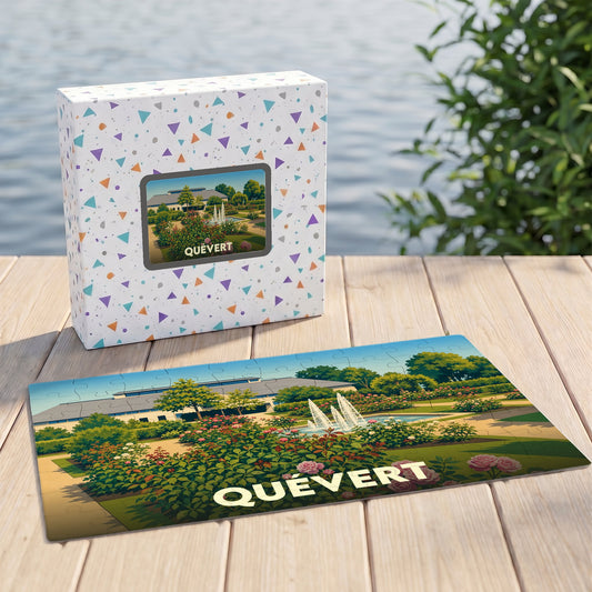 Puzzle souvenir de la ville de Quévert avec une illustration stylisée d'un jardin fleuri et de ses fontaines.