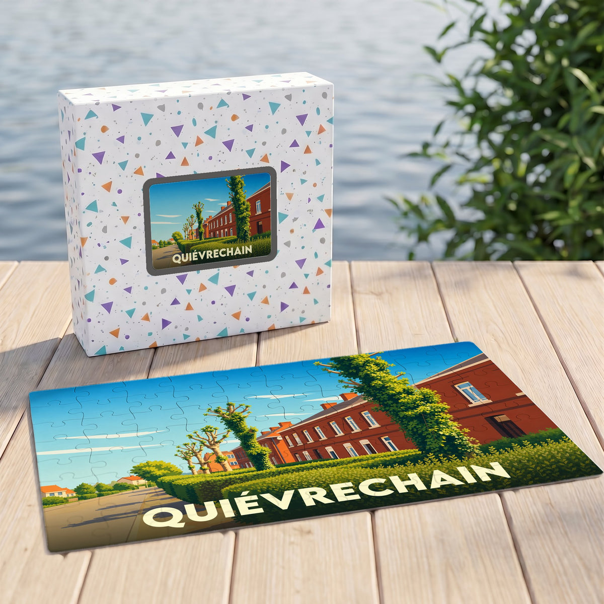 Puzzle souvenir de la ville de Quiévrechain avec une illustration stylisée.