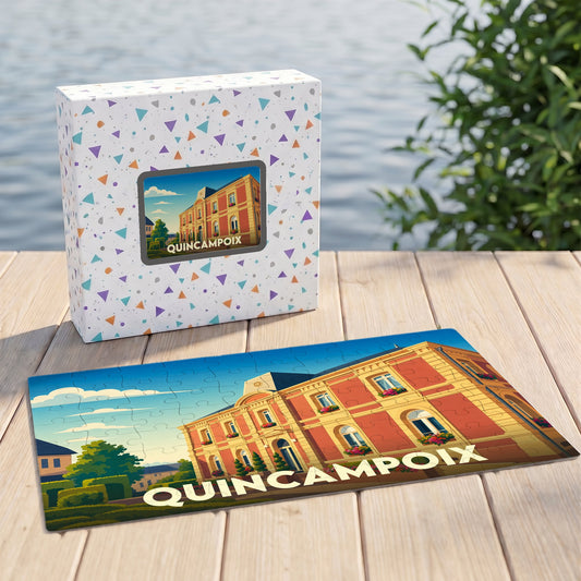 Puzzle souvenir de la ville de Quincampoix avec une illustration stylisée.
