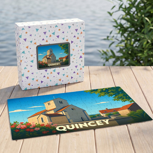Puzzle souvenir de la ville de Quincey avec une illustration stylisée et colorée.