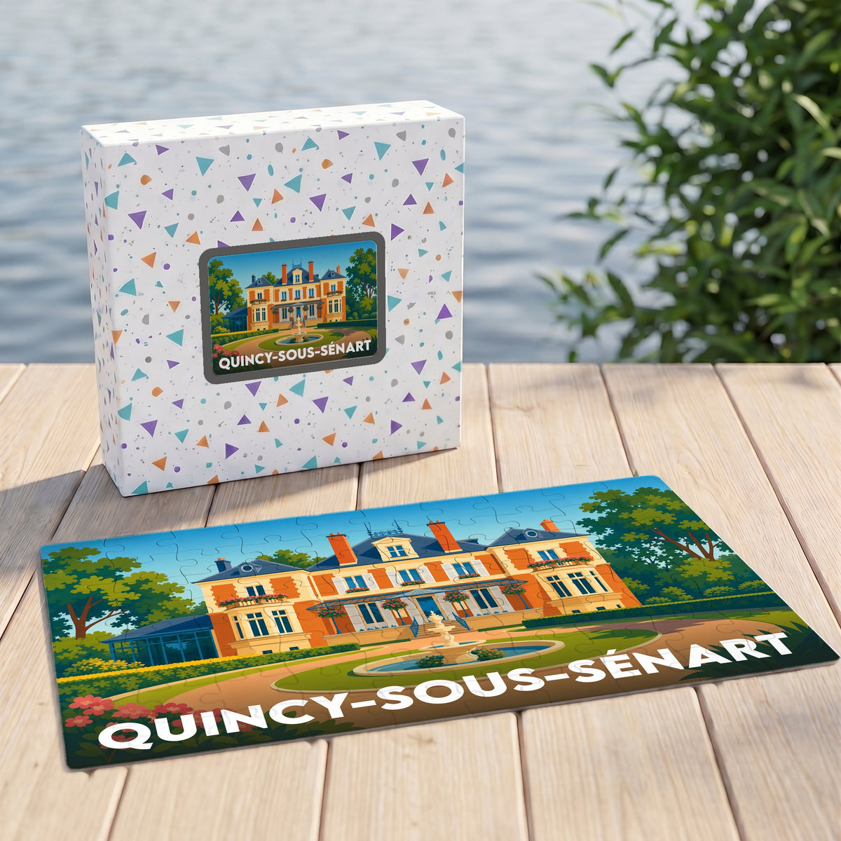 Puzzle souvenir de la ville de Quincy-sous-Sénart avec une illustration stylisée d'un manoir.