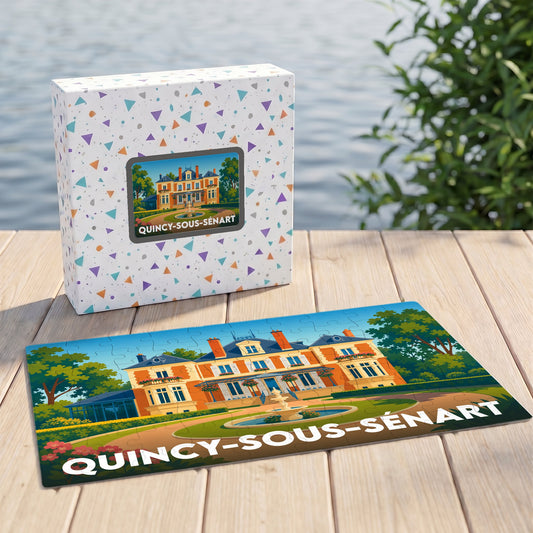 Puzzle souvenir de la ville de Quincy-sous-Sénart avec une illustration stylisée d'un manoir.