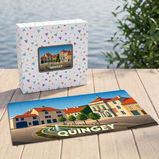 Puzzle souvenir de la ville de Quingey avec une illustration stylisée et colorée.
