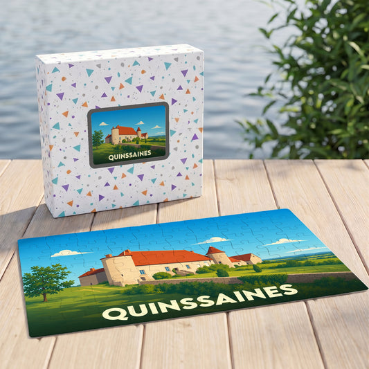 Puzzle souvenir de la ville de Quinssaines représentant son château dans un style illustré.