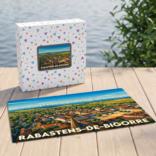 Puzzle souvenir de la ville de Rabastens-de-Bigorre avec son illustration de paysage urbain stylisée.