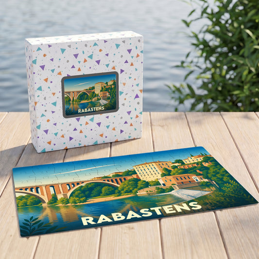 Puzzle souvenir de la ville de Rabastens illustrant son pont et ses bâtiments historiques au bord de l'eau.