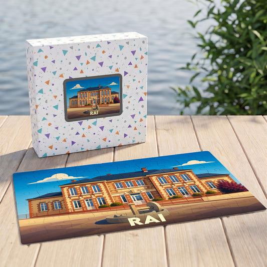 Puzzle souvenir de la ville de Rai avec une illustration stylisée d'un bâtiment historique.