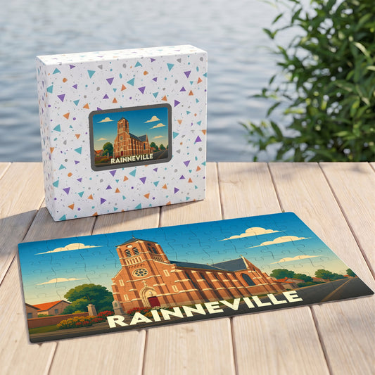 Puzzle souvenir de la ville de Rainneville représentant son église dans un style illustration rétro.