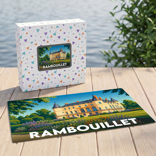 Puzzle souvenir de la ville de Rambouillet illustrant son château dans un style graphique coloré.