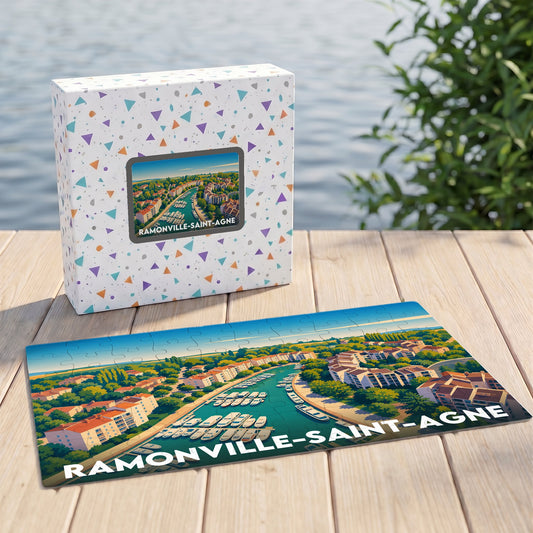 Puzzle souvenir de la ville de Ramonville-Saint-Agne avec une illustration stylisée de son port technique.