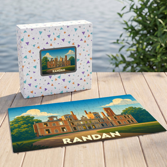 Puzzle souvenir de la ville de Randan avec une illustration stylisée du château local.