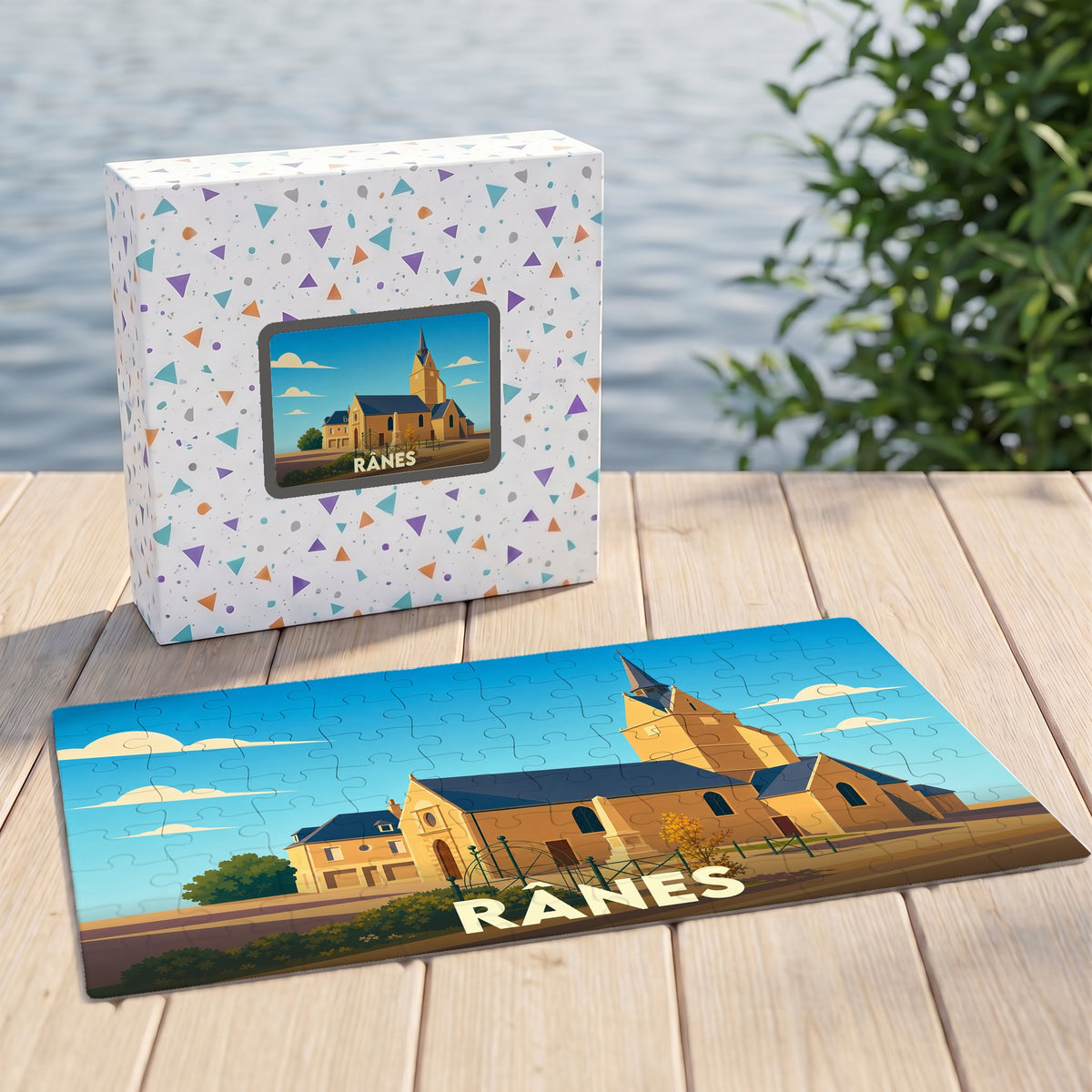 Puzzle souvenir de la ville de Rânes avec une illustration stylisée de son église et de ses bâtiments.