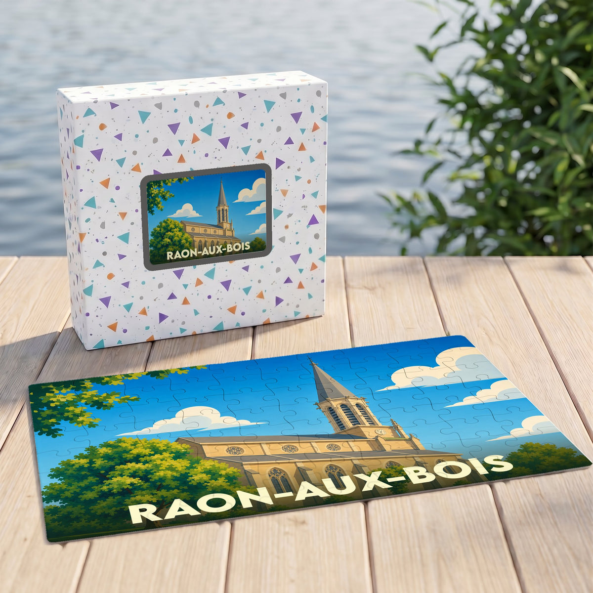 Puzzle souvenir de la ville de Raon-aux-Bois avec une illustration stylisée de son église.
