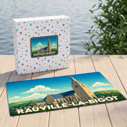Puzzle souvenir de la ville de Rauville-la-Bigot avec une illustration stylisée de son église.
