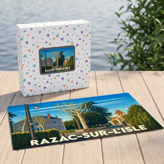 Puzzle souvenir de la ville de Razac-sur-l'Isle avec une illustration stylisée d'un paysage urbain.