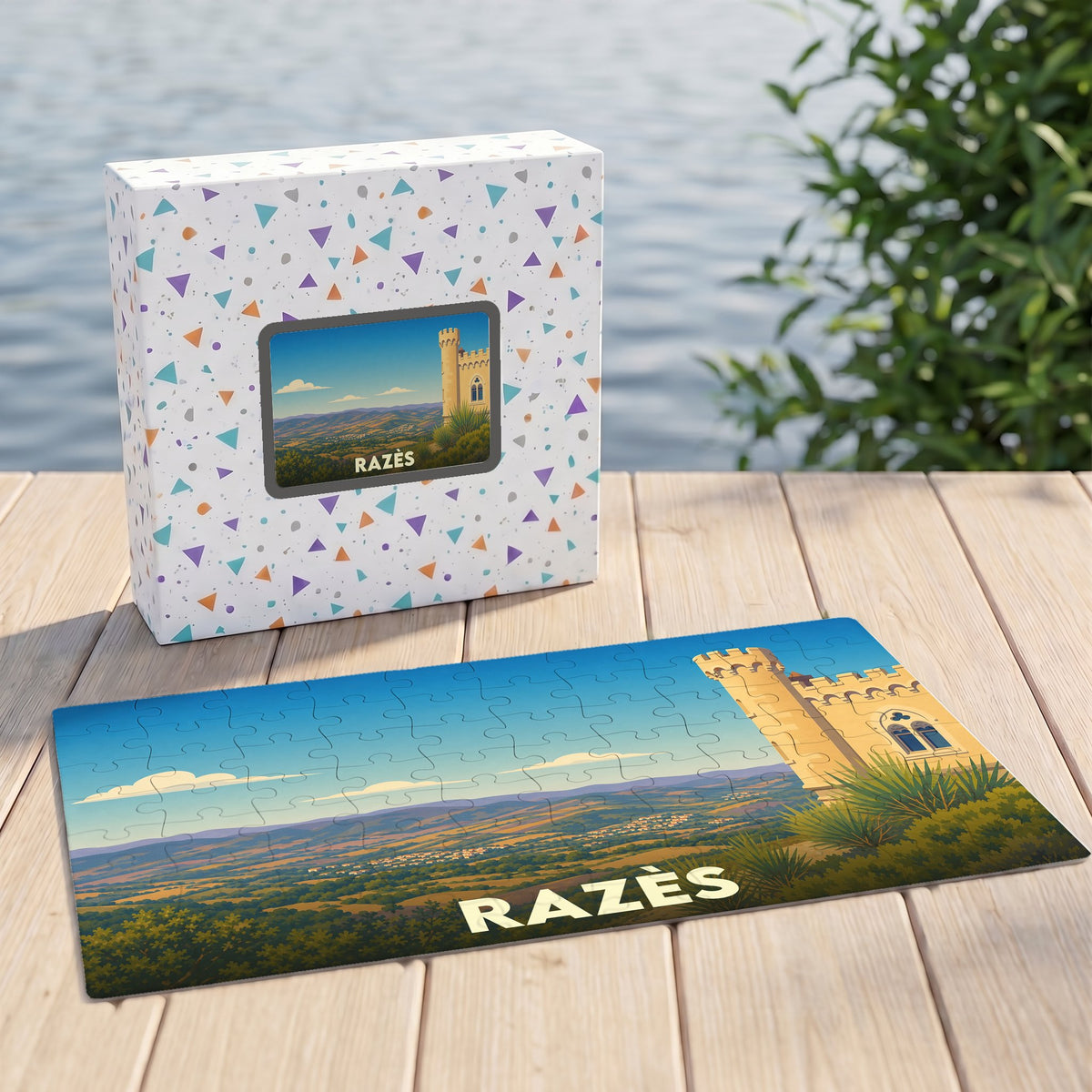 Puzzle souvenir de la ville de Razès avec une illustration panoramique d'un château et de paysages vallonnés.