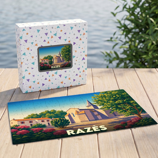 Puzzle souvenir de la ville de Razès avec une illustration stylisée d'une église et de maisons fleuries.