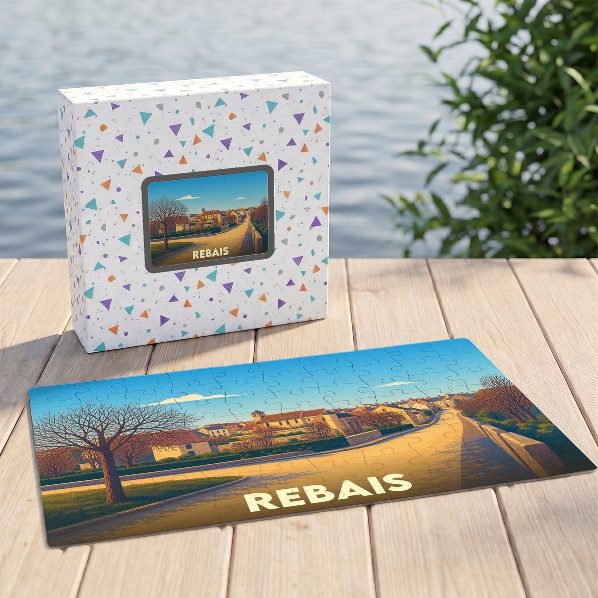Puzzle souvenir de la ville de Rebais avec une illustration stylisée.