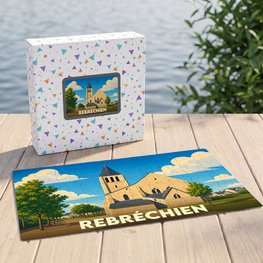 Puzzle souvenir de la ville de Rebréchien avec une illustration stylisée de son église.