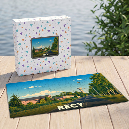 Puzzle souvenir de la ville de Recy avec une illustration stylisée d'un paysage urbain verdoyant.