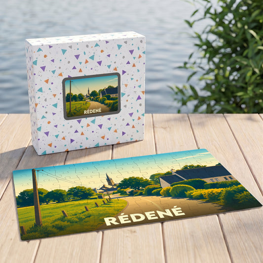 Puzzle souvenir de la ville de Rédené avec une illustration stylisée de son paysage urbain.