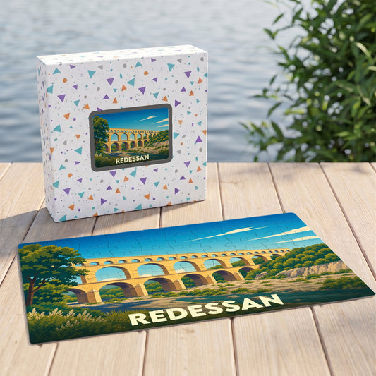 Puzzle souvenir de la ville de Redessan avec une illustration stylisée d'un pont-aqueduc.