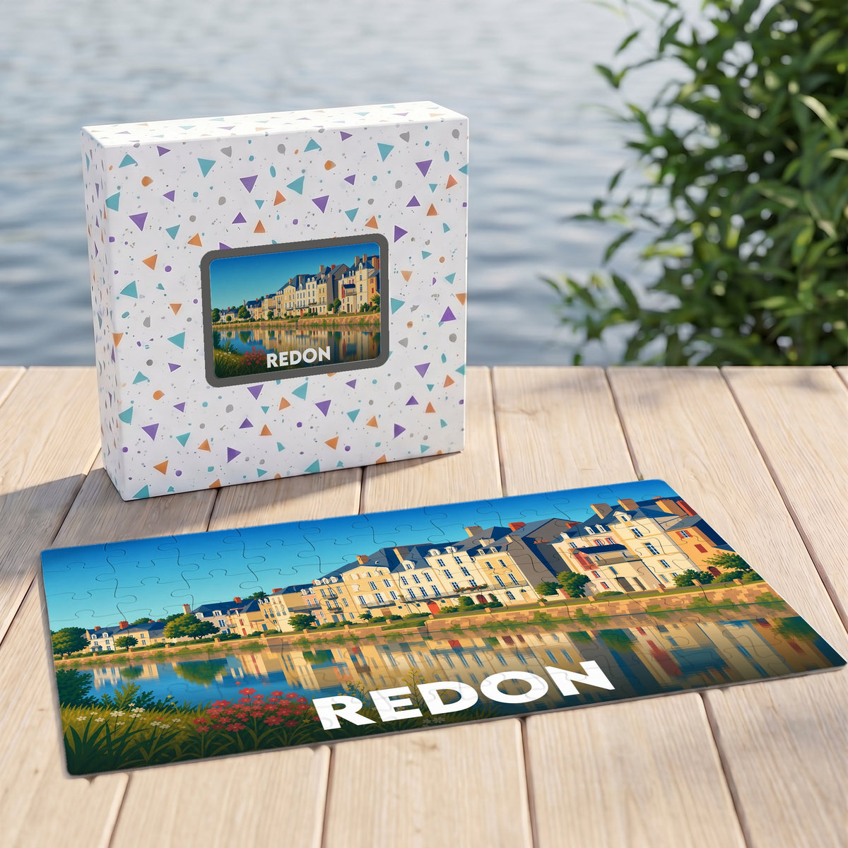 Puzzle souvenir de la ville de Redon illustrant ses quais et leurs reflets sur l'eau.