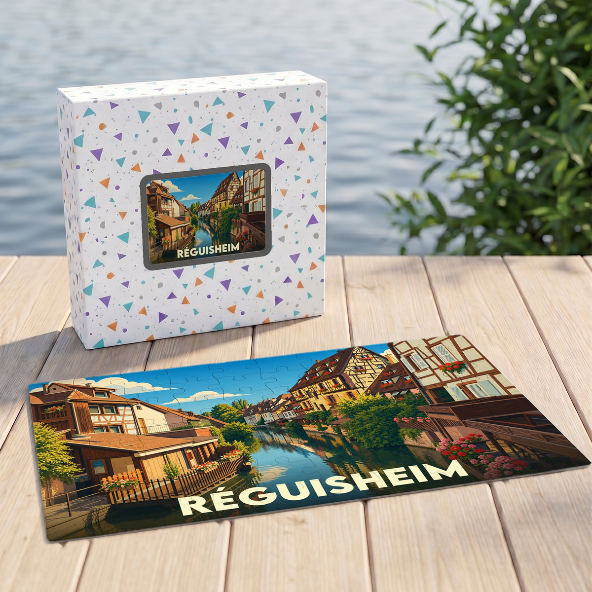 Puzzle souvenir de la ville de Réguisheim avec une illustration stylisée d'un canal bordé de maisons à colombages.
