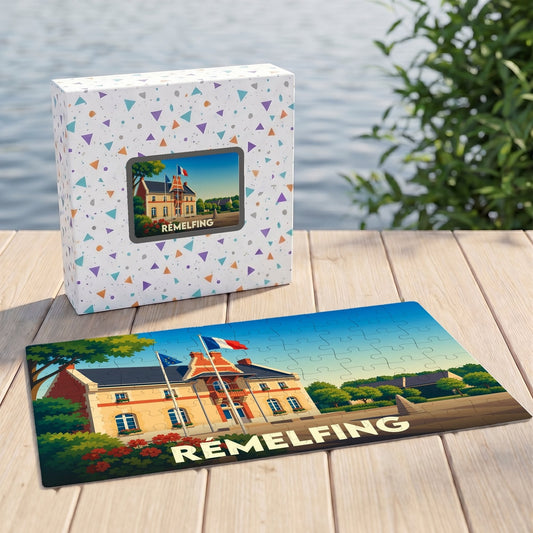 Puzzle souvenir de la ville de Rémelfing avec une illustration colorée de sa mairie.