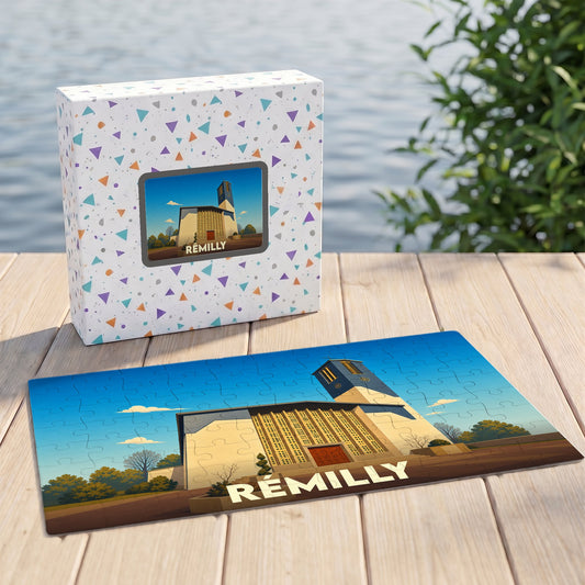 Puzzle souvenir de la ville de Rémilly avec une illustration stylisée de son église moderne.