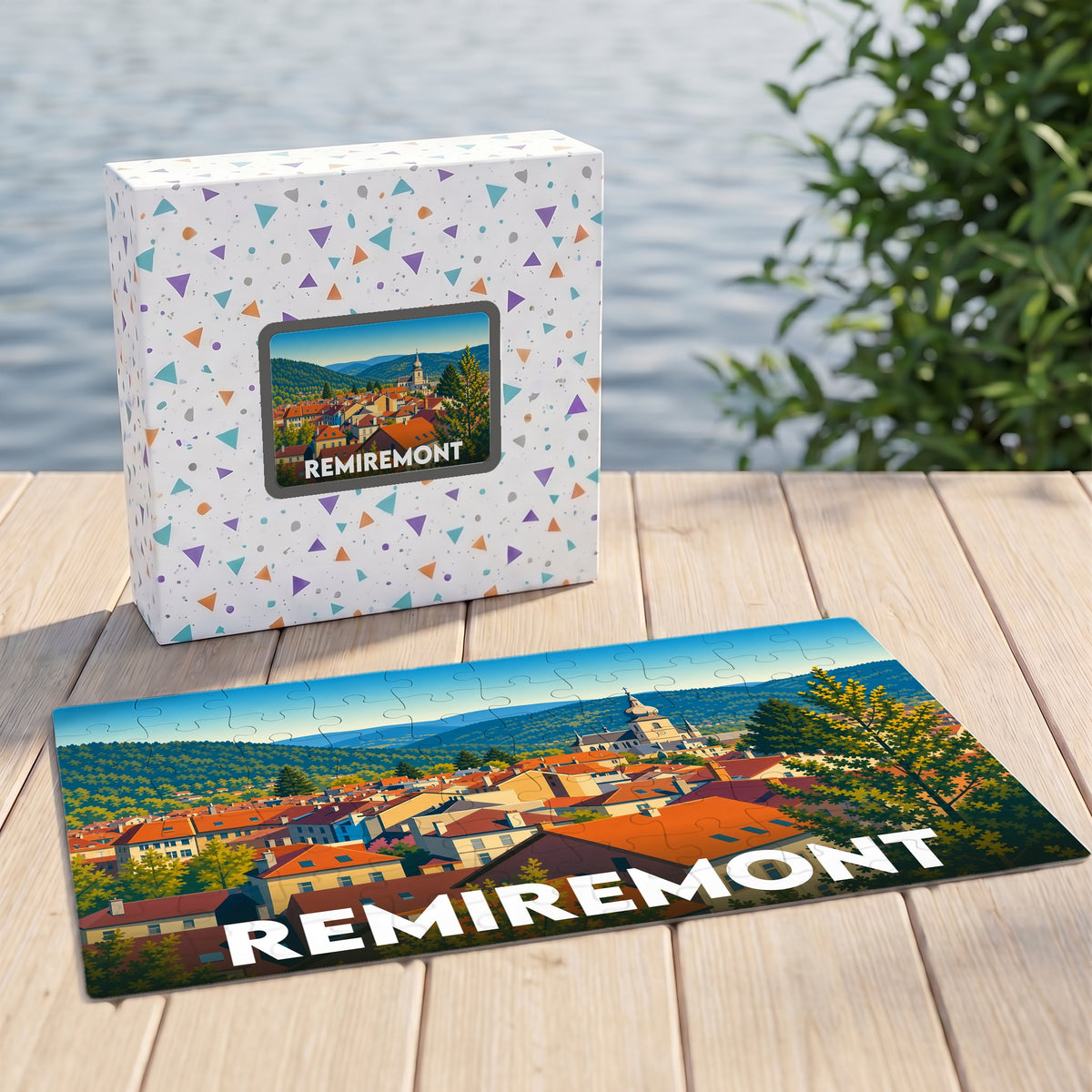 Puzzle souvenir de la ville de Remiremont présentant une illustration panoramique stylisée de ses toits et de son église.