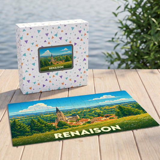 Puzzle souvenir de la ville de Renaison illustré par un paysage champêtre stylisé.