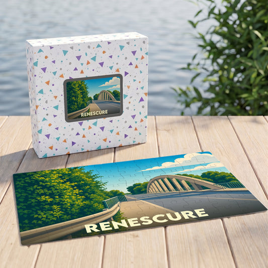 Puzzle souvenir de la ville de Renescure avec une illustration stylisée d'un pont.