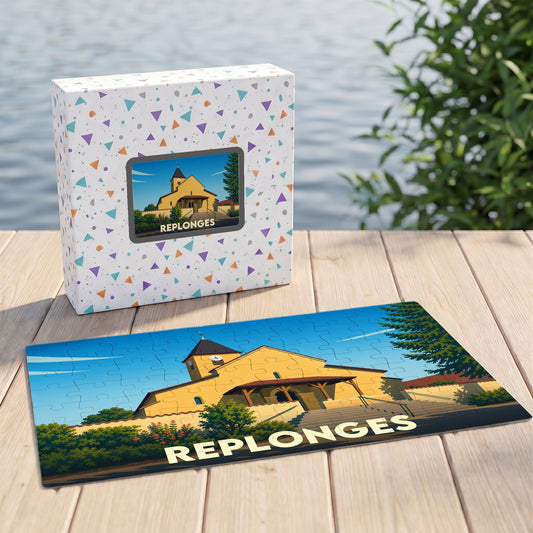 Puzzle souvenir de la ville de Replonges représentant son église dans un style illustration épuré.