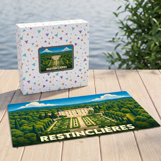 Puzzle souvenir de la ville de Restinclières représentant son domaine et ses jardins avec une illustration stylisée.