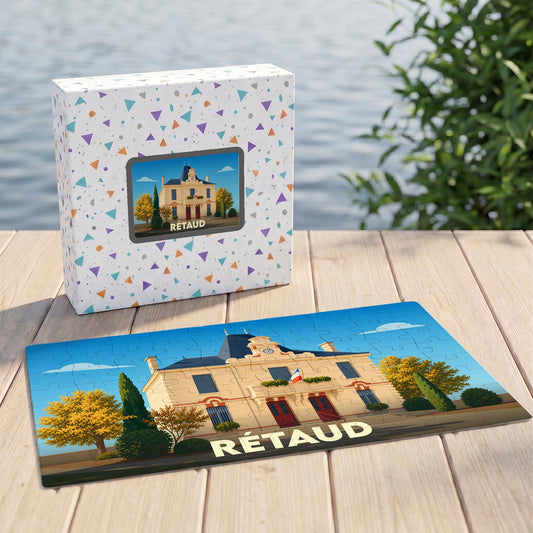 Puzzle souvenir de la ville de Rétaud représentant une illustration stylisée de sa mairie.