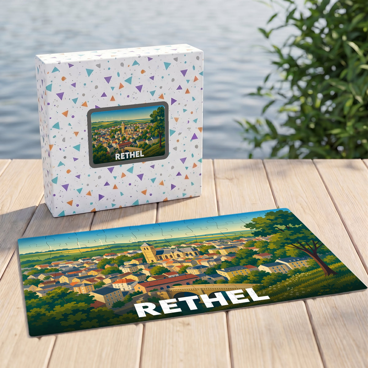 Puzzle souvenir de la ville de Rethel avec une illustration paysagère stylisée.