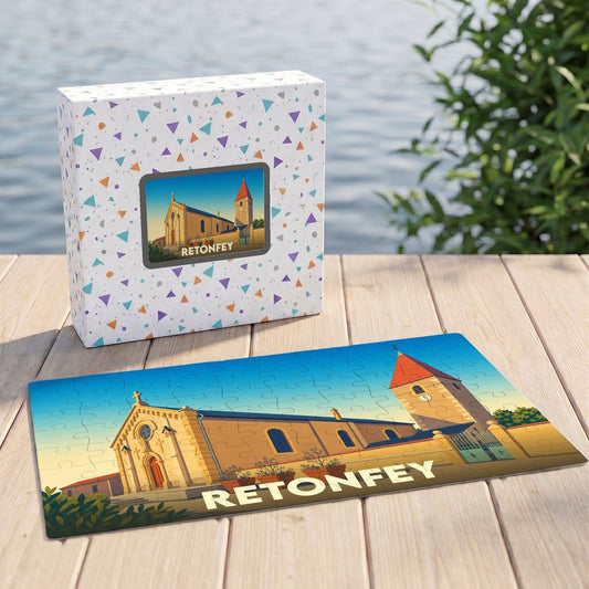 Puzzle souvenir de la ville de Retonfey avec une illustration stylisée de son église.