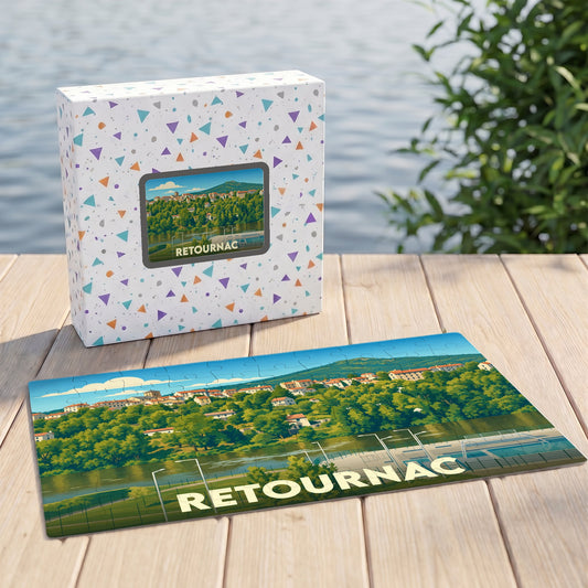 Puzzle souvenir de la ville de Retournac avec une illustration paysagère stylisée.
