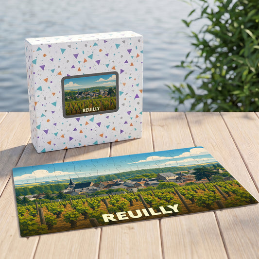 Puzzle souvenir de la ville de Reuilly avec une illustration stylisée d'un vignoble et de son village.