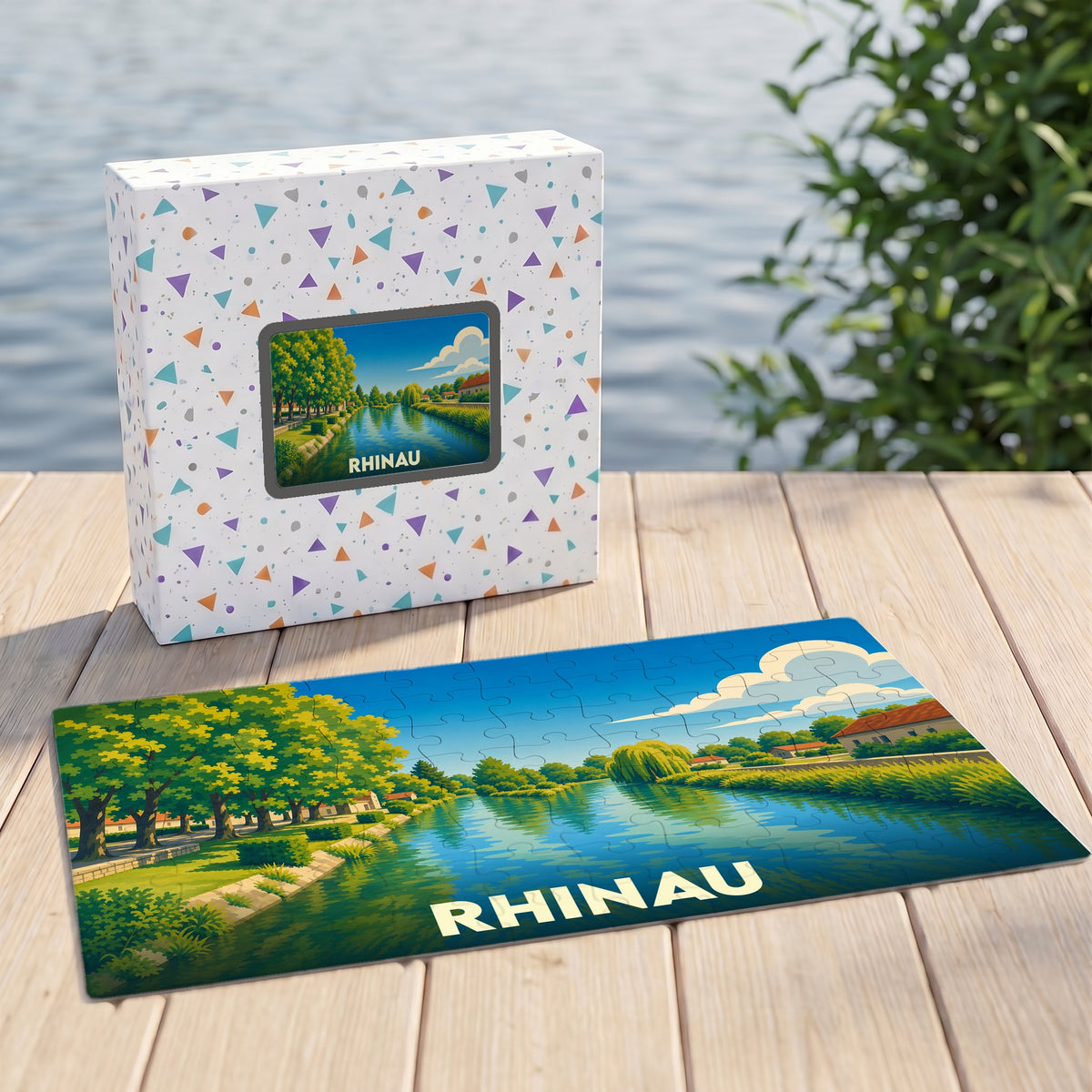 Puzzle souvenir de la ville de Rhinau avec une illustration colorée et stylisée de ses bords de l'eau.