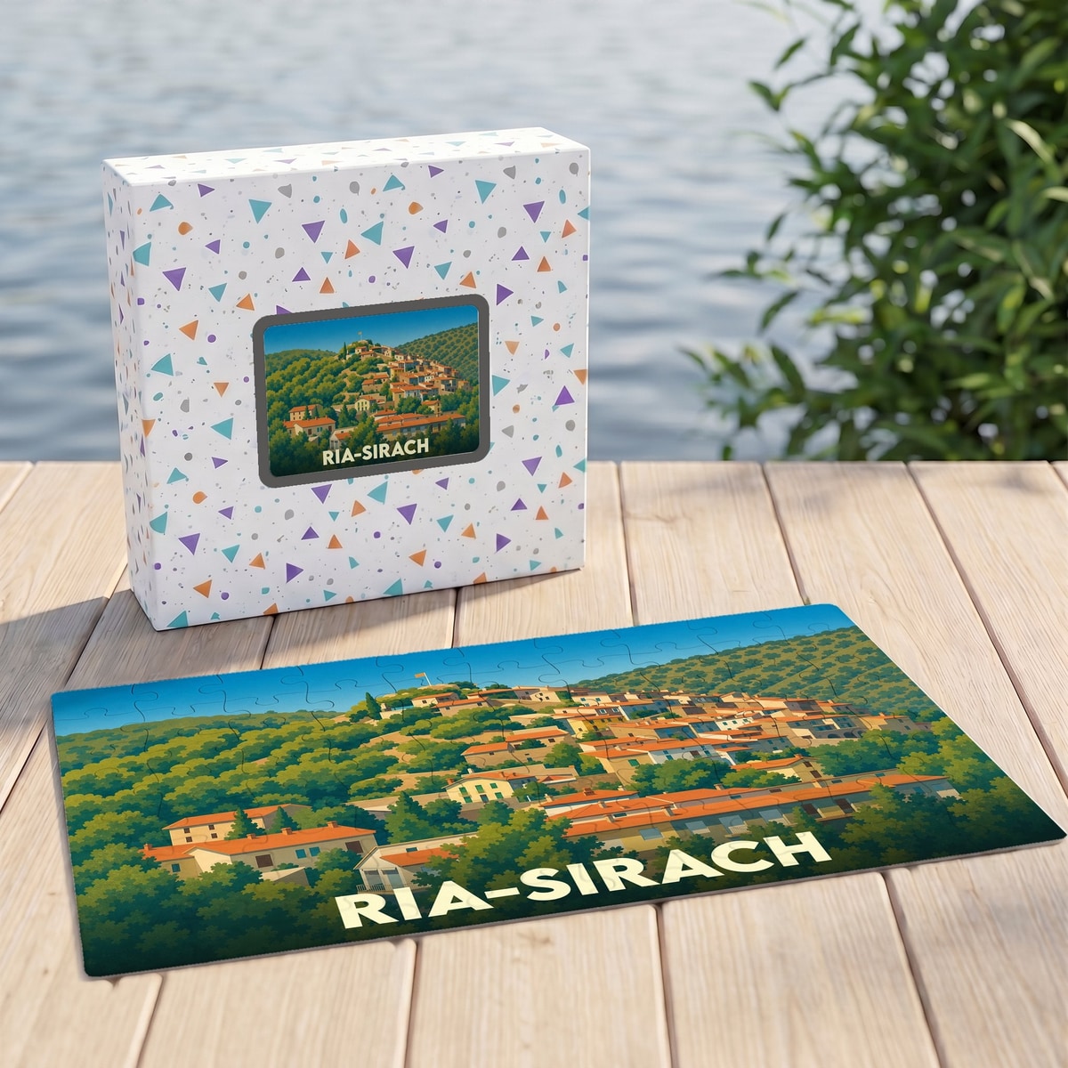 Puzzle souvenir de la ville de Ria-Sirach avec une illustration stylisée d'un village perché.