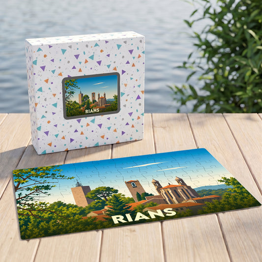Puzzle souvenir de la ville de Rians avec une illustration stylisée de son patrimoine.